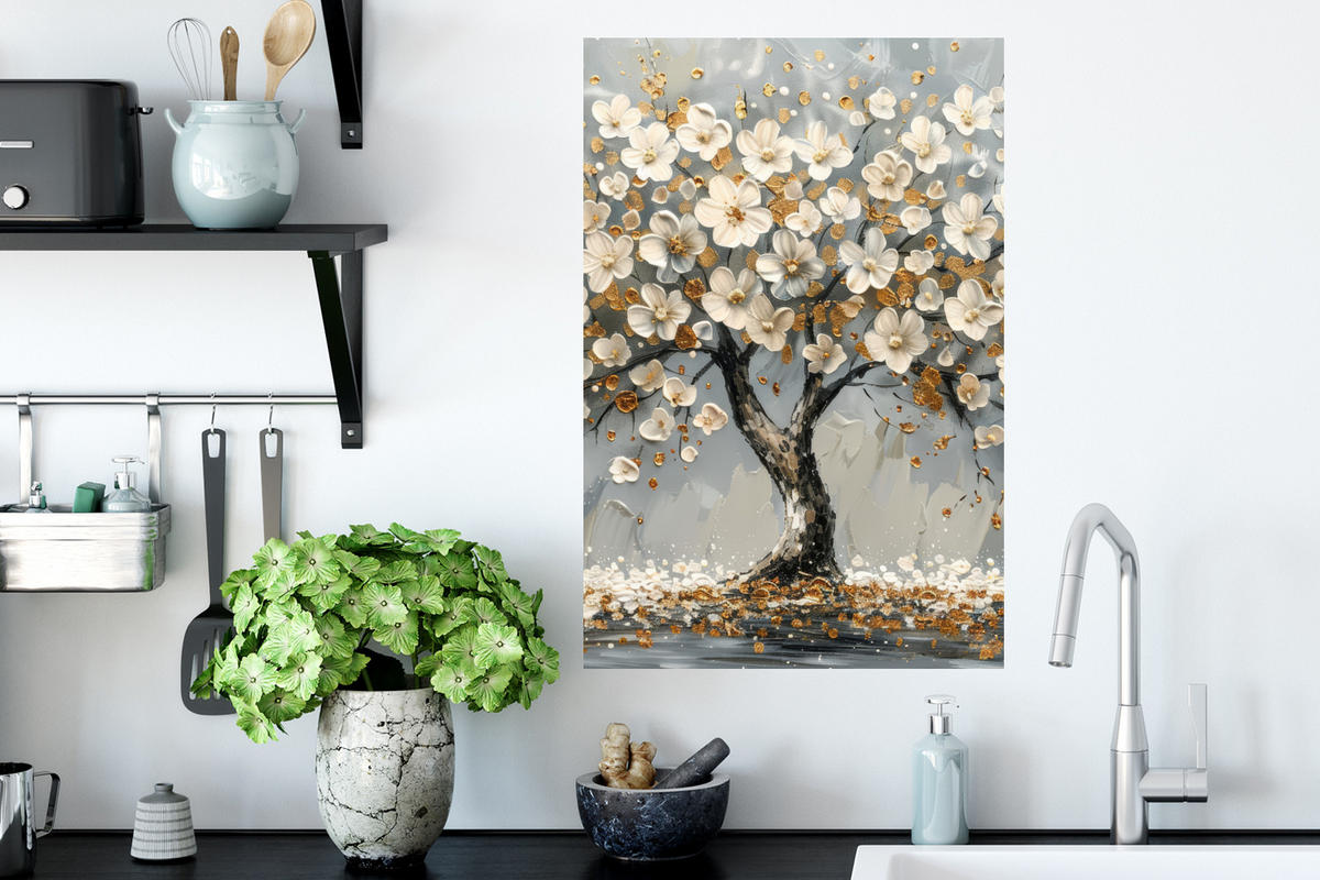 WANDTATTOO Baum - Blumen - Weiß - Natur - Kunst 40x60 cm - Weiß, Kunststoff (40/60/0.1cm) - MuchoWow
