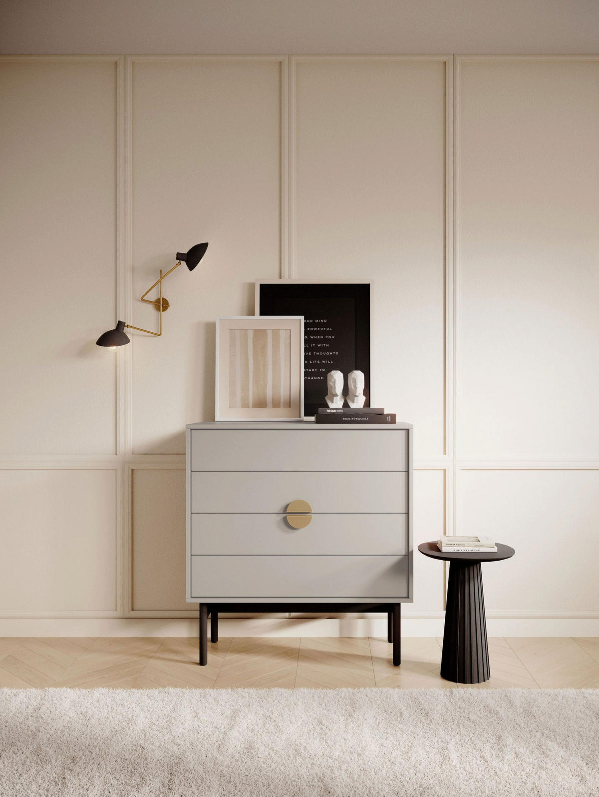 KOMODA Stoon II so 4 zásuvkami 85 cm - čierna/zlatá, kov/kompozitné drevo (85/92/38cm) - Selsey