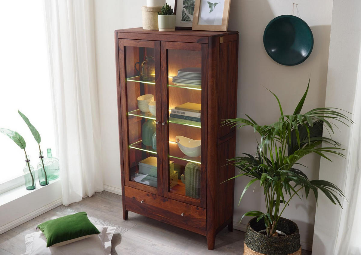VITRINE Sheesham 100x40x178 walnuss geölt BROOKLYN #27 - Dunkelbraun, Holz (100/178/40cm) - Massivmoebel24