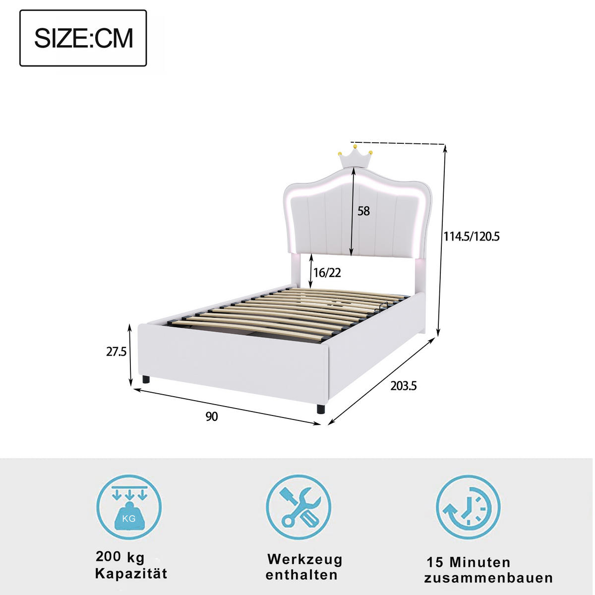 POLSTERBETT 90/200 cm Weiß mit Kronendesign und LED-Beleuchtung - Weiß, Holzwerkstoff (90/200cm) - OKWISH