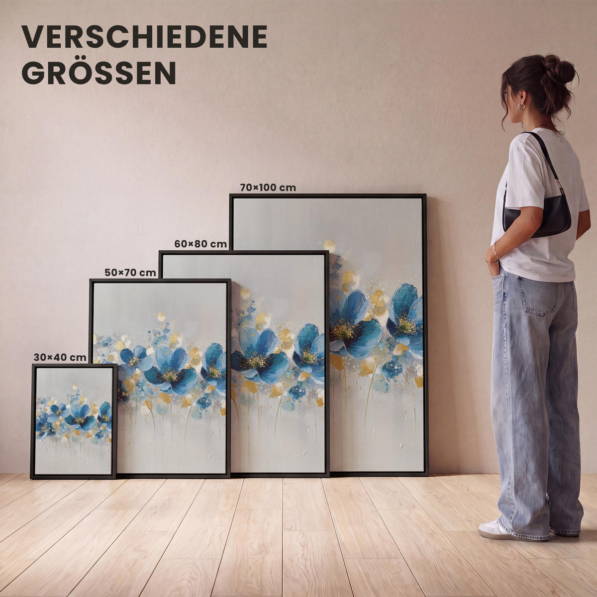LEINWAND Bilder mit Rahmen - Blumen - Blau - Abstrakt - 60x80 - Hellgrau, Textil (60/80cm) - MuchoWow