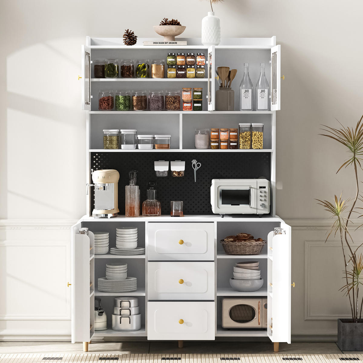 BUFFET 120x40x190 cm Weiß mit Fluted Glas & Lochplatte - Weiß, Holzwerkstoff (40/190/120cm) - Modfu