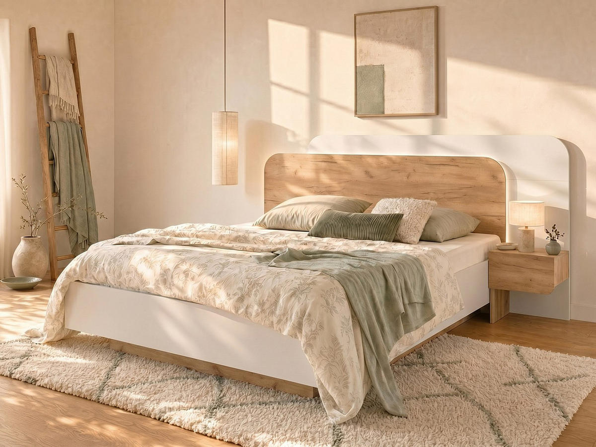 BETT mit Bettkasten - 2 Personen - holz - naturfarben hell, weiß Desado - Naturfarben/Weiß, Holz (160/200cm) - Vente-Unique