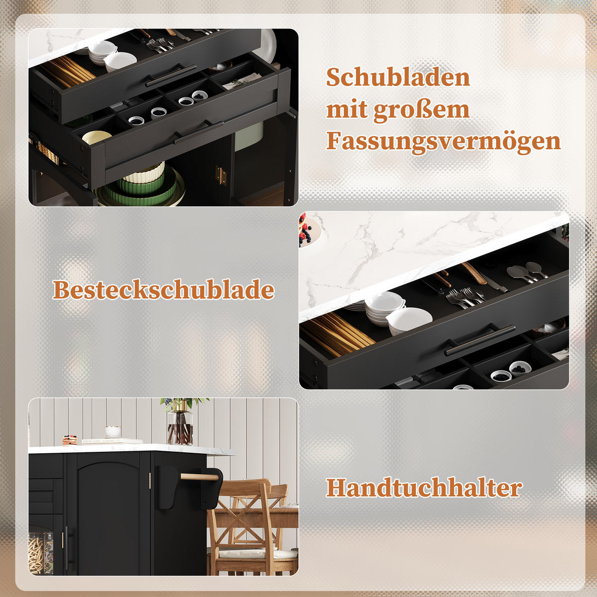 KÜCHENINSEL 120/70/90 cm Schwarz mit 2 Schubladen, Glastüren, Gewürzregal, 5 Rädern und klappbarer Arbeitsplatte - Schwarz, Holz/Holzwerkstoff (138/90/70cm) - Oxeza