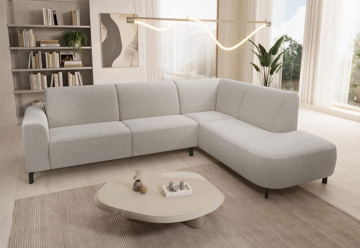 ECKSOFA Lununa Creme mit Armlehne, Bouclé, Ottomane rechts - Creme/Schwarz, Textil/Metall (218/277cm) - Selsey