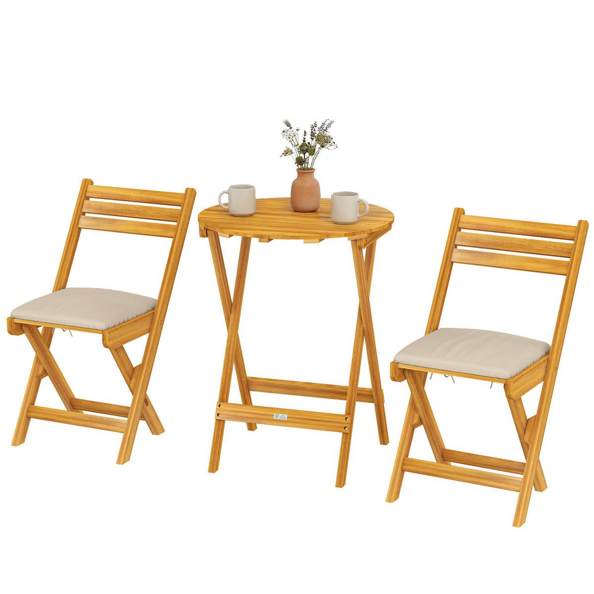 BALKONMÖBEL SET DE-07344 klappbar mit FSC-Holz und Sitzkissen Natur/Beige - Naturfarben, Holz - ComfortXL