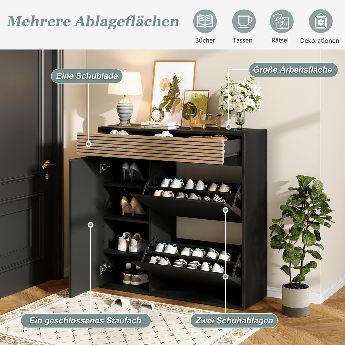 SCHUHSCHRANK 100×35×105cm Schwarz Naturholz mit 2 Klappen - Schwarz/Naturfarben, Holzwerkstoff (100/105/35cm) - FLIEKS