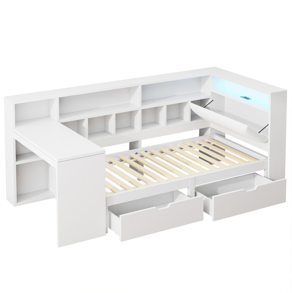 TAGESBETT 90/200 cm mit Schreibtisch, Bücherregal, LED-Beleuchtung und Stauraum, Weiß - Weiß, Holzwerkstoff (90/200cm) - Redom