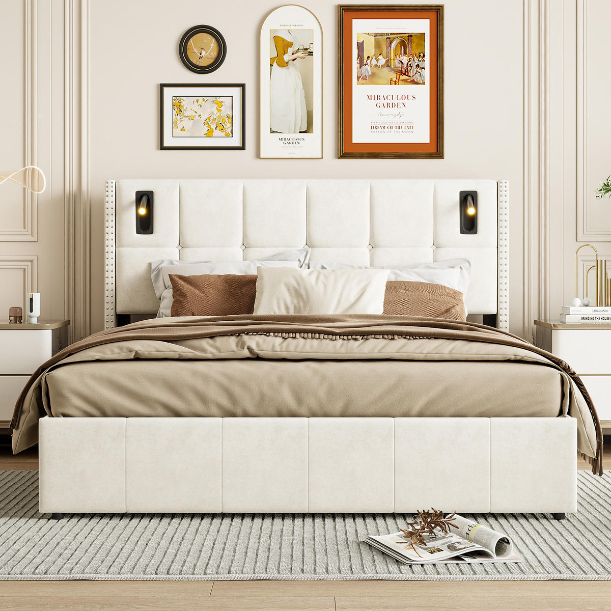 DOPPELBETT 160x200 cm mit Stauraum und Leselampe, Polsterbett mit Lattenrost, Bett für Erwachsene - Beige, Holz/Metall (160/200cm) - PARAFTA HOME