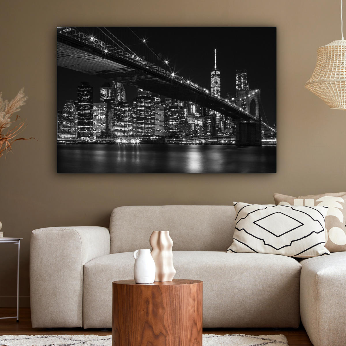 LEINWANDBILD New York - Brooklyn - Brücke Wohnzimmer 120x80 cm - Schwarz, Textil (120/80cm) - MuchoWow