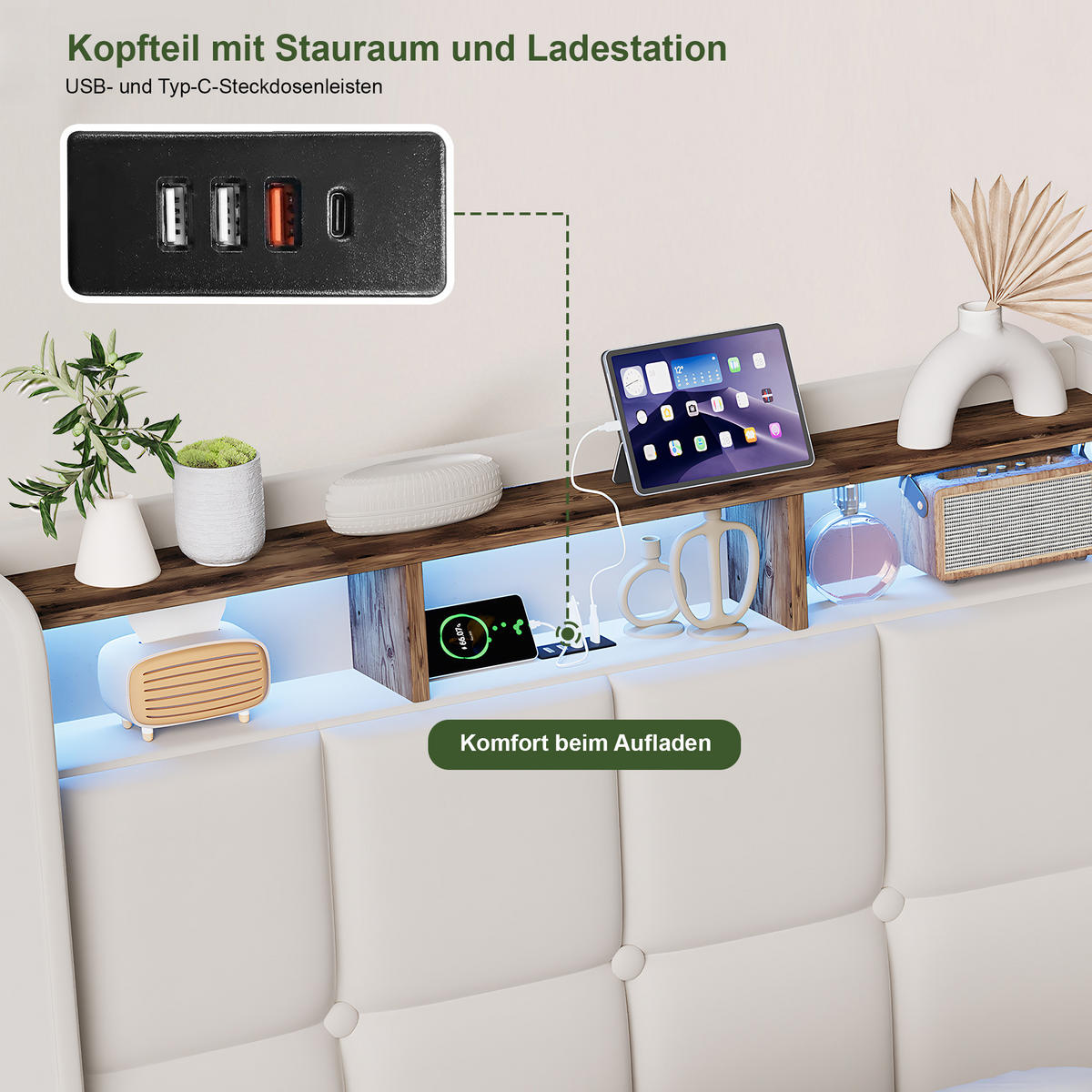 POLSTERBETT 90x200 cm Beige mit LED Beleuchtung, Kopfteil mit Stauraum und USB/Type-C, hydraulisches Stauraumbett - Beige, Metall (90/200cm) - EuroLiving