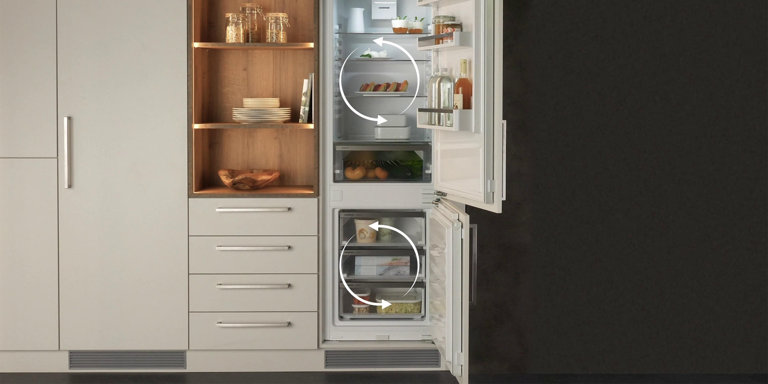 DualCooling, die Frischetechnologie von Liebherr, mit zirkulierenden Pfeilen für die unterschiedlichen Zonen.