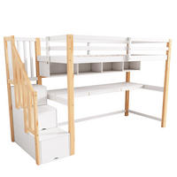 HOCHBETT 90/200 cm DE-02555, mit Stauraumtreppe, Schreibtisch und Regalen, in Natürlich/Weiß - Weiß/Naturfarben, Holz/Holzwerkstoff (90/200cm) - ComfortXL