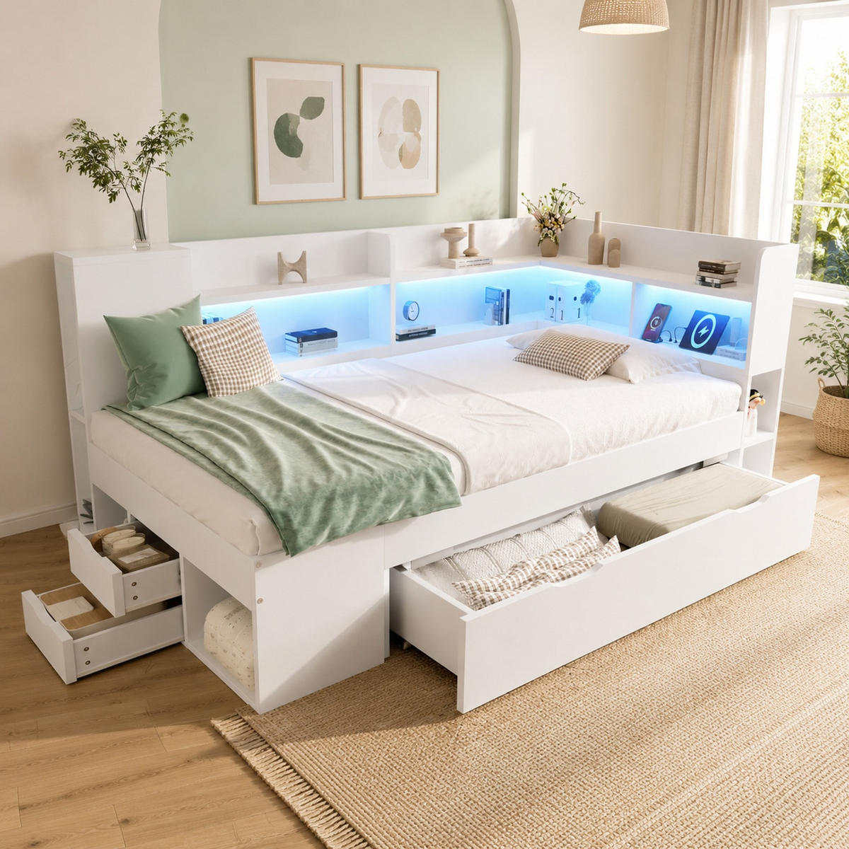 JUGENDBETT 90/190 mit LED, USB/Typ-C, Stauraum und Regalen in Weiß - Weiß, Holzwerkstoff (90/190cm) - EVRYAE
