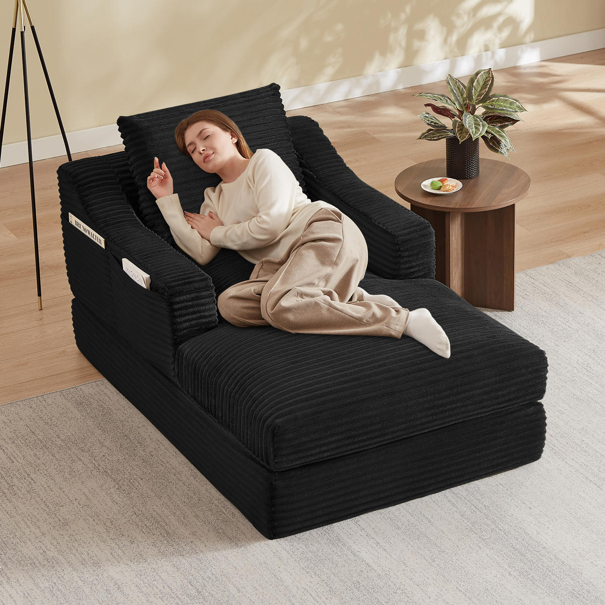 SOFA Cord Schwarz ausziehbar - Schwarz, Textil (100/68/162cm) - WISHDOR