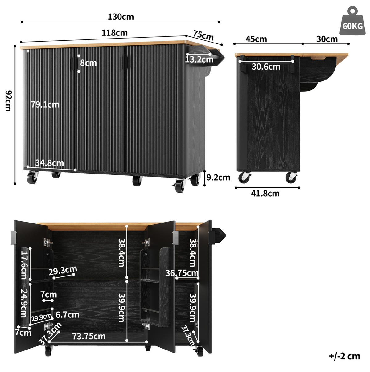 KUHINJSKI otok 130/45(75)/92 cm z zložljivo delovno ploščo, nastavljivimi policami in kolesi, črna MDF - črna, leseni material (130/92/45cm) - Redom