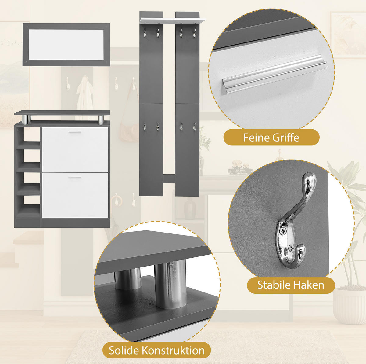 GARDEROBE 80/25/96,5 cm Grau aus Spanplatte mit Spiegel 5er Set - Weiß, Holzwerkstoff (80/96/25cm) - OKMYHOME
