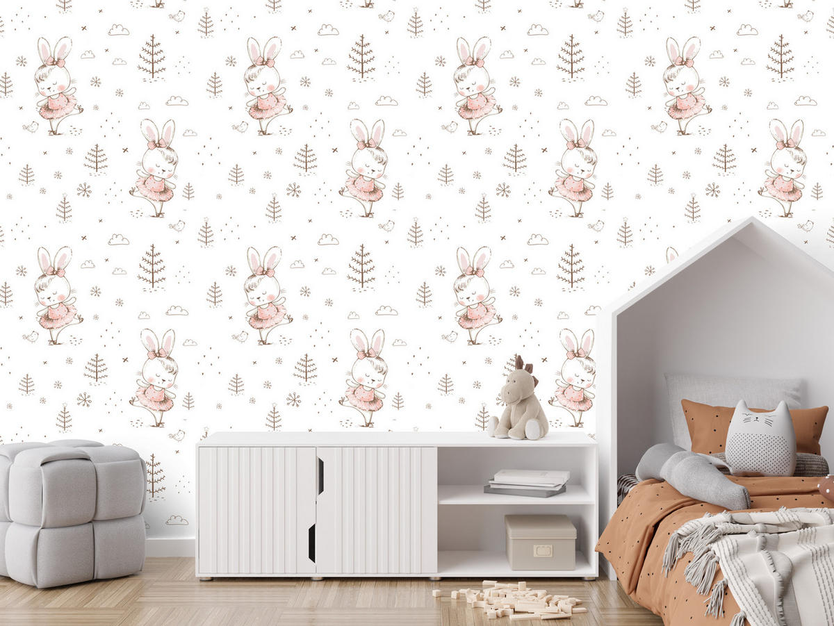 VLIESTAPETE Ballerina-Häschen – Rosa, Grau, Weiß – 50x1000 cm - Rosa/Weiß, Papier (50/1000cm) - Muralo