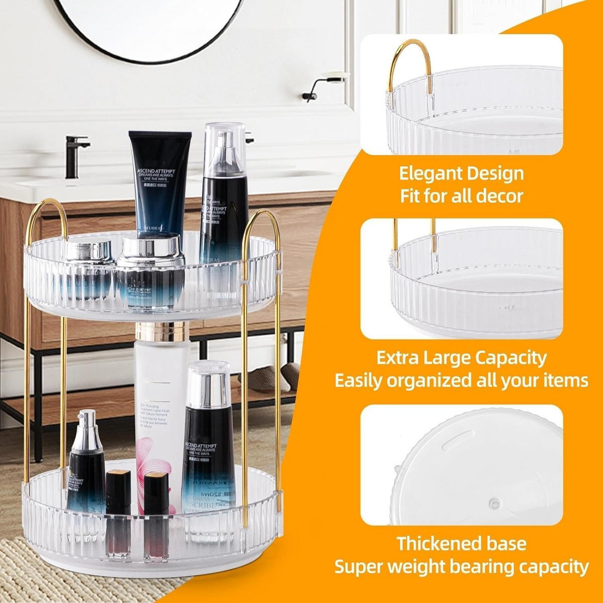 KOSMETIK-ORGANIZER, drehbar, 2-stöckig,Transparent,23/23/32cm - Transparent, Kunststoff (23.5/10.5/23.5cm)