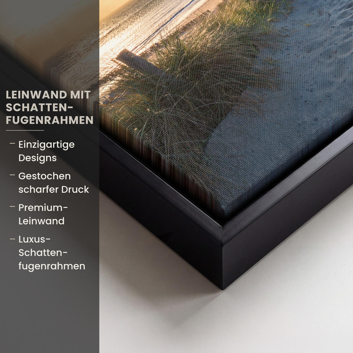 LEINWAND Bilder mit Rahmen - Sonnenuntergang - Strand - Düne - Gras - Ufer - 30x20 - Sandfarben, Textil (30/20cm) - MuchoWow