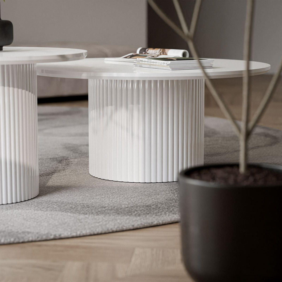 COUCHTISCH-SET OVI mit geriffeltem Sockel - Weiß, Holzwerkstoff (80/80/42cm) - Lookway