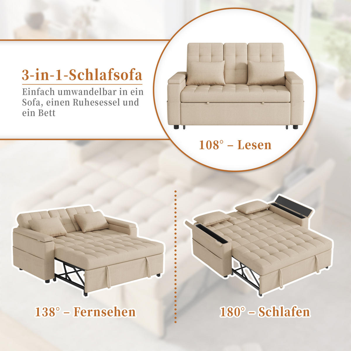 SCHLAFSOFA 159/74/92 cm Beige mit Stauraum, Verstellbarer Rückenlehne, Armlehnen-Staufächern und Kissen - Beige, Textil (159/92/142.5cm) - Oxeza
