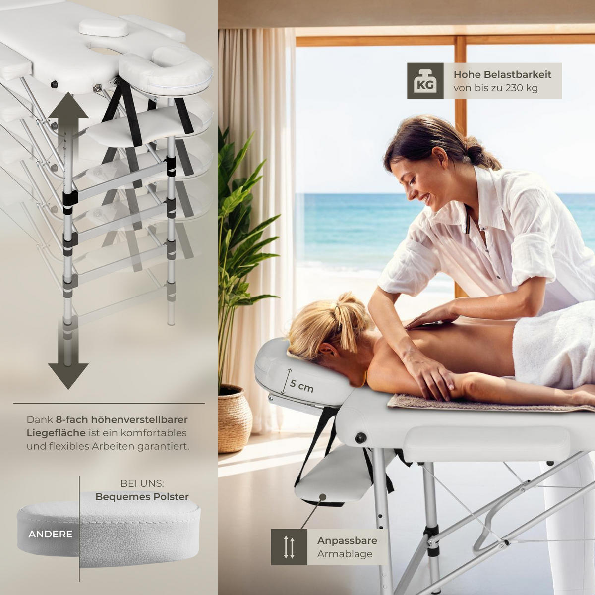 MASSAGELIEGE 3 Zonen, 210 x 95 x 90 cm,weiß - Weiß, Metall (61/68/180cm) - tectake