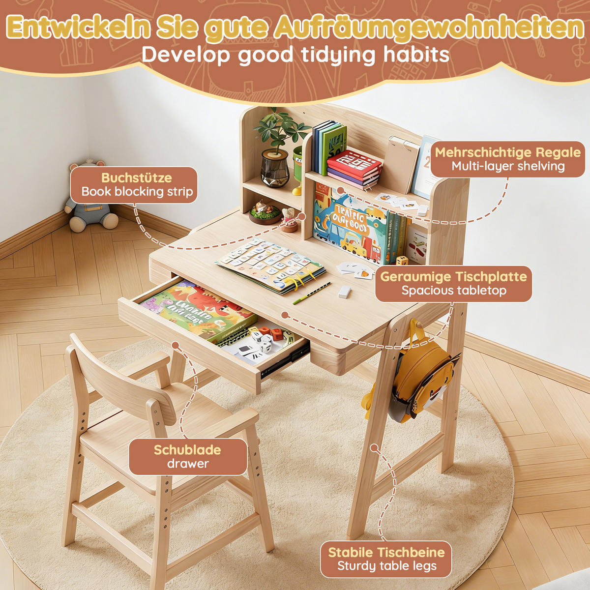 SCHREIBTISCH Naturfarben 88/60/118 cm höhenverstellbar Massivholz mit Schublade - Naturfarben, Holz (88/60/118cm) - PANGIVO