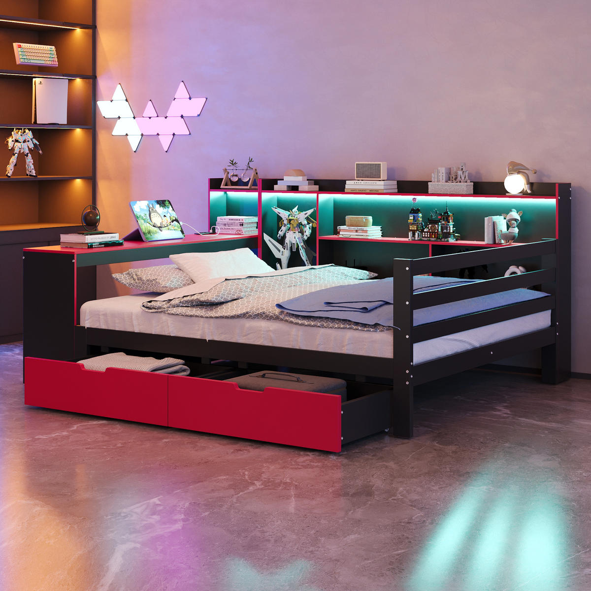 BETT mit Schreibtisch und Stauraum 140x200 cm Holz Schwarz/Rot - Schwarz, Holz (140/200cm) - Meubliv