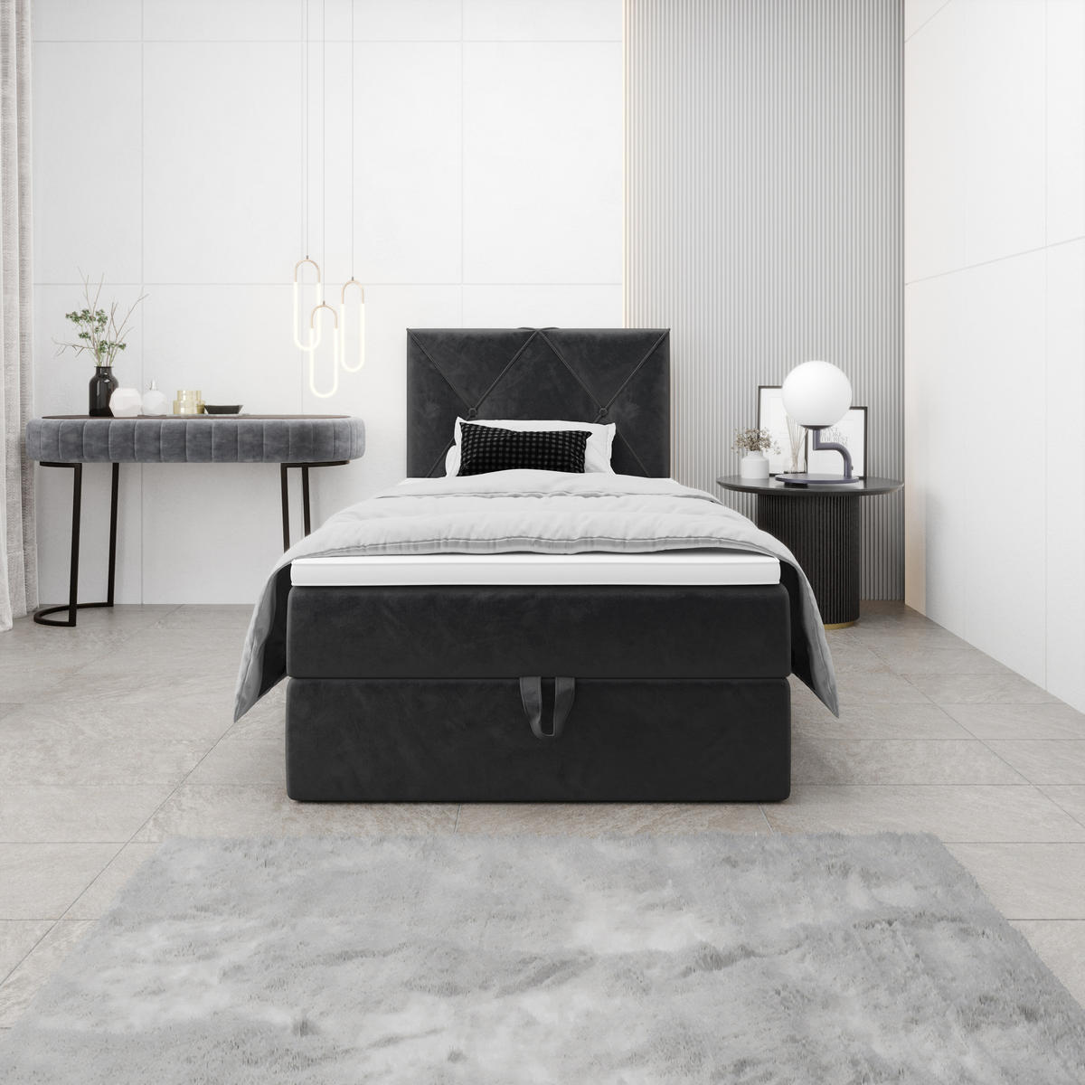 BOXBETT ALTEA 100x200 Monolith 97, mit Matratze H3, Bonell und Topper, Dunkelgrau - Dunkelgrau, Holz/Kunststoff (100/200cm) - Bedante
