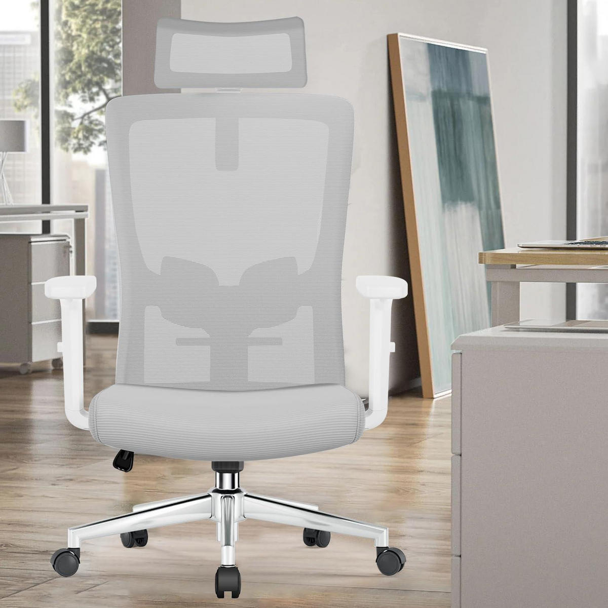 BÜROSTUHL Ergonomisch Grau mit Lendenwirbelstütze und Kopfstütze - Grau, Textil (70/128/70cm)