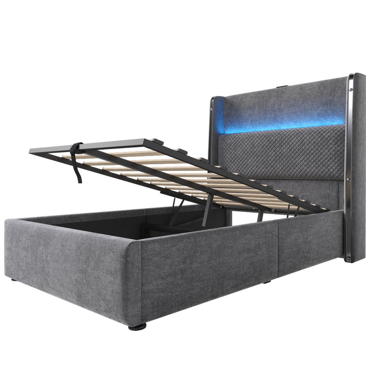 POLSTERBETT 90/200 cm mit LED-Beleuchtung, USB- und Type-C-Anschluss, hydraulischem Stauraum und Matratze, Grau - Grau, Textil (90/200cm) - Redom