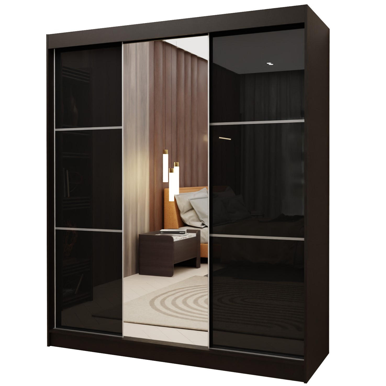 SCHWEBETÜRENSCHRANK VITALE 180/216/61 cm 3-türig mit Spiegel Schwarz - Schwarz, Holzwerkstoff (180/216/61cm) - MASSENO