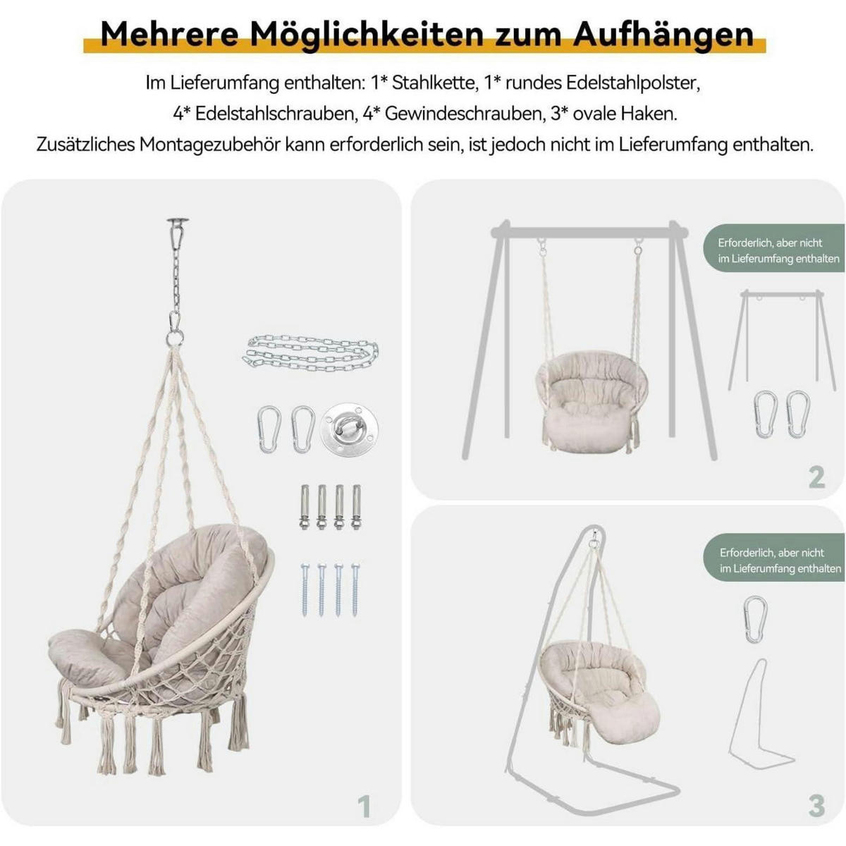 HÄNGESESSEL Makramee Beige mit Kissen bis 150 kg - Beige, Textil (80/1.5/140cm)