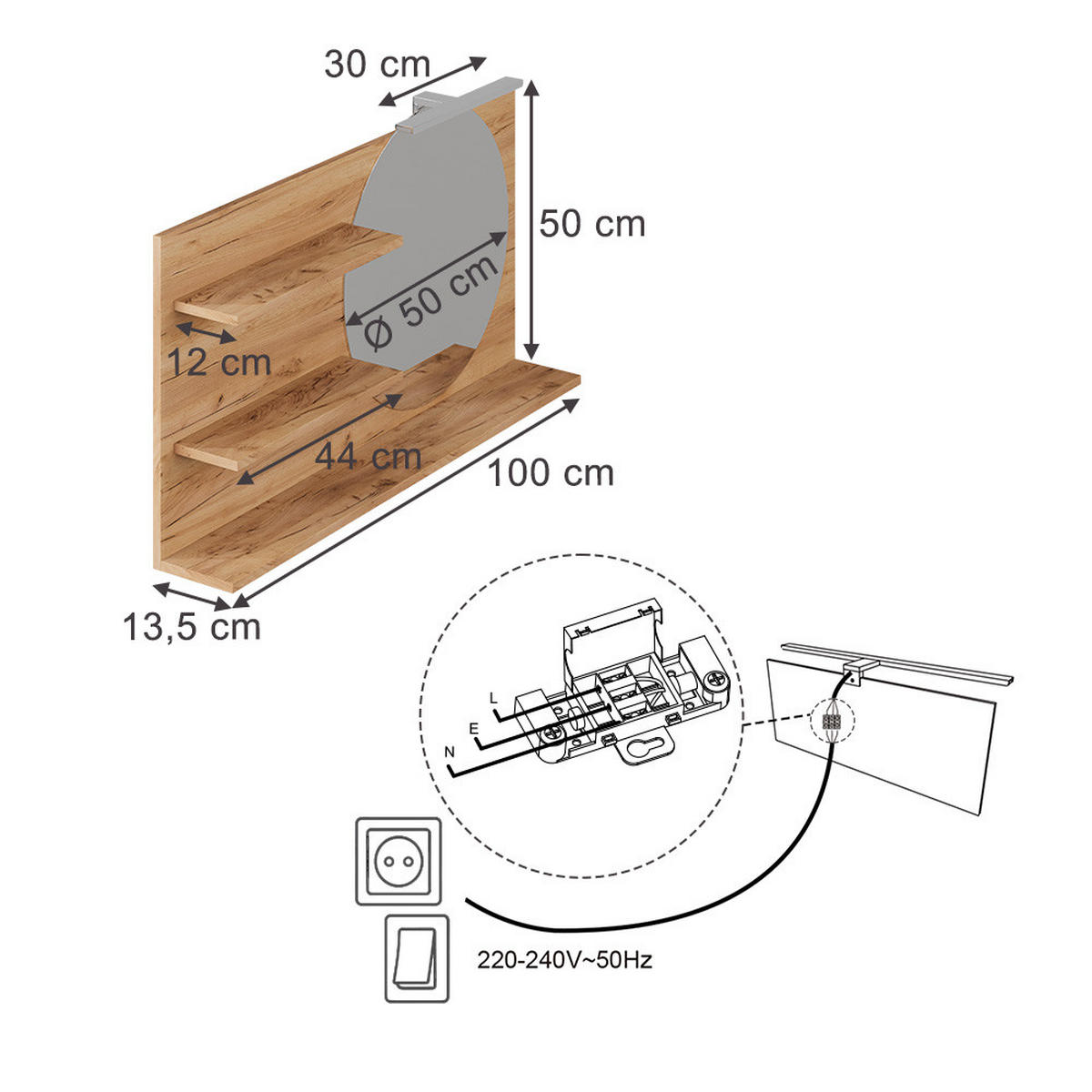BADSPIEGELSCHRANK Avena Eiche 100 x 50 cm mit 3 offenen Fächern - Eichefarben, Holzwerkstoff (100/50/13.5cm) - Vicco