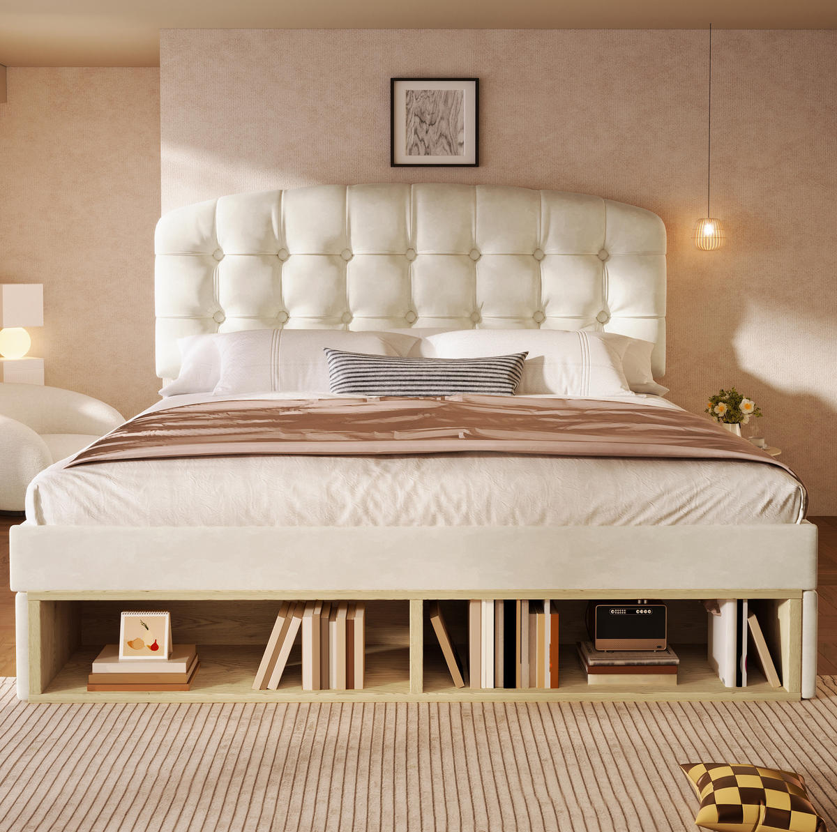 BETT mit Schubladen 140x190 cm Samt Beige - Beige, Metall (140/190cm) - Meubliv
