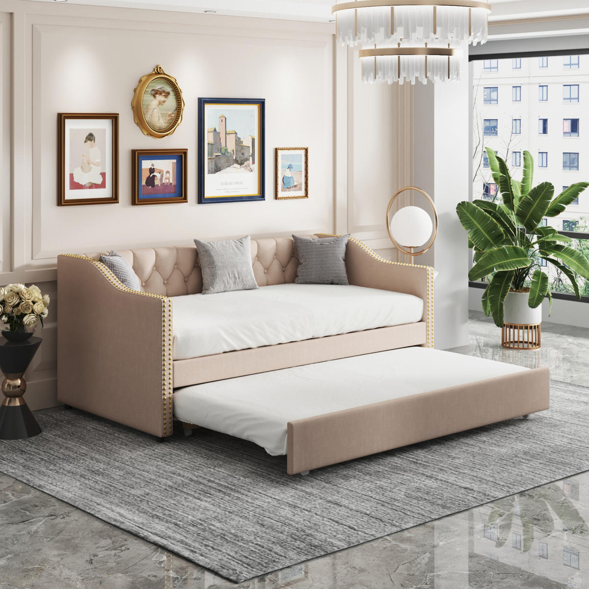 POLSTERBETT 90x200 cm, Beige, Tagesbett, Schlafsofa, mit 2 Schubladen - Beige, Textil/Metall (90/200cm)