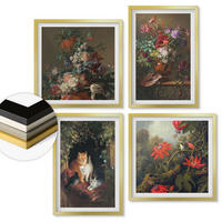 WANDBILDER 4er Set - 50x50 cm & 40x60 cm Goldrahmen - Vintage-Blumen, Katzen, Pflanzen - Goldfarben, Kunststoff (50/50cm) - ArtPrintCave