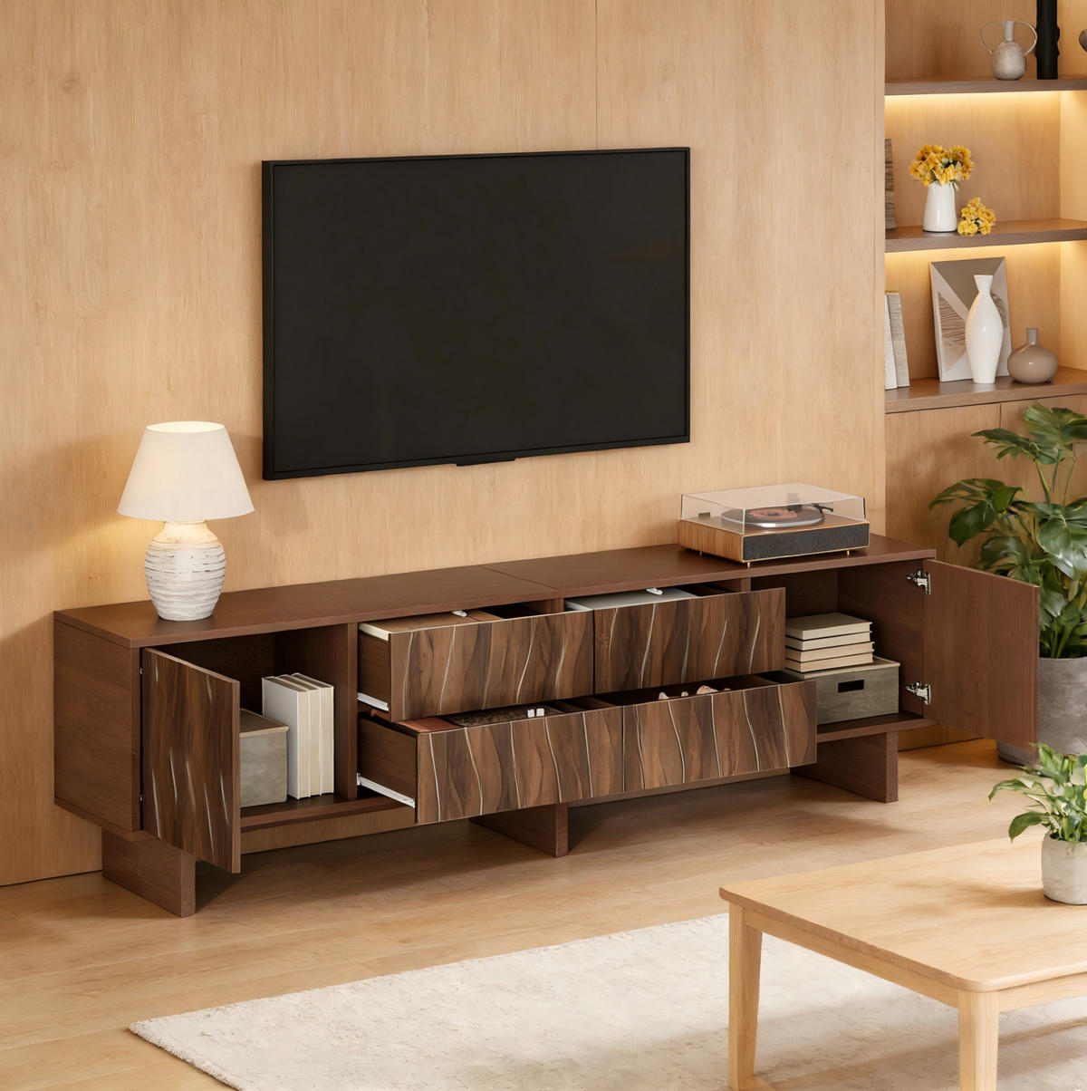 TV ormarić od iverice 180x40x56 cm tamni orah s 4 ladice, 2 vrata i valovitim dizajnom - smeđa, drvni materijal (180/56/40cm) - Modfu