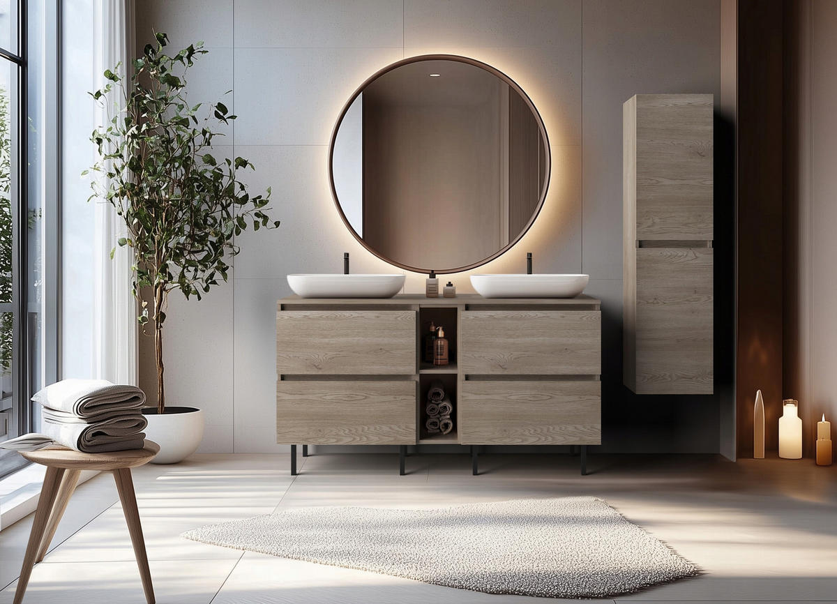 WASCHBECKUNTERSCHRANK SIMPLE mit Beinen 140cm mit Arbeitsplatte und mit einem Regal Dunkel Eiche - Wildeiche, Holz (140/62/46cm) - Rodan