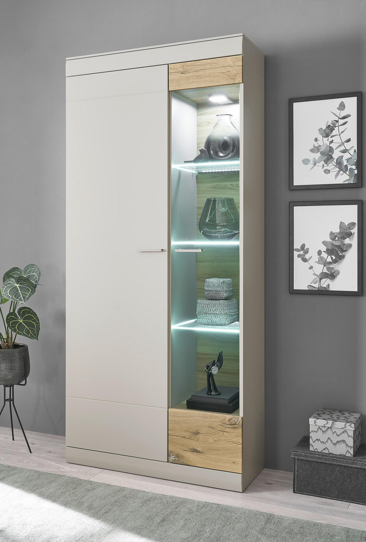 VITRINE grau matt, Zinneiche 90 cm, Vitrinenschrank mit Soft-Close - Eichefarben/Silberfarben, Glas/Holzwerkstoff (90/199/35cm) - Furn.Design