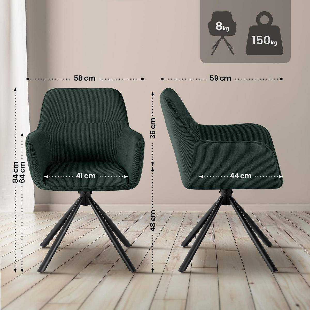 ARMLEHNENSTUHL Cord Grün - Schwarz/Grün, Textil/Metall (58/84/59cm) - CLP