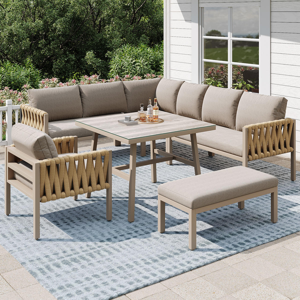 GARTENMÖBELSET 238/61/78 cm beige aus Metall und Polyester mit Seilgeflecht und Kissen - Beige, Metall - OKWISH