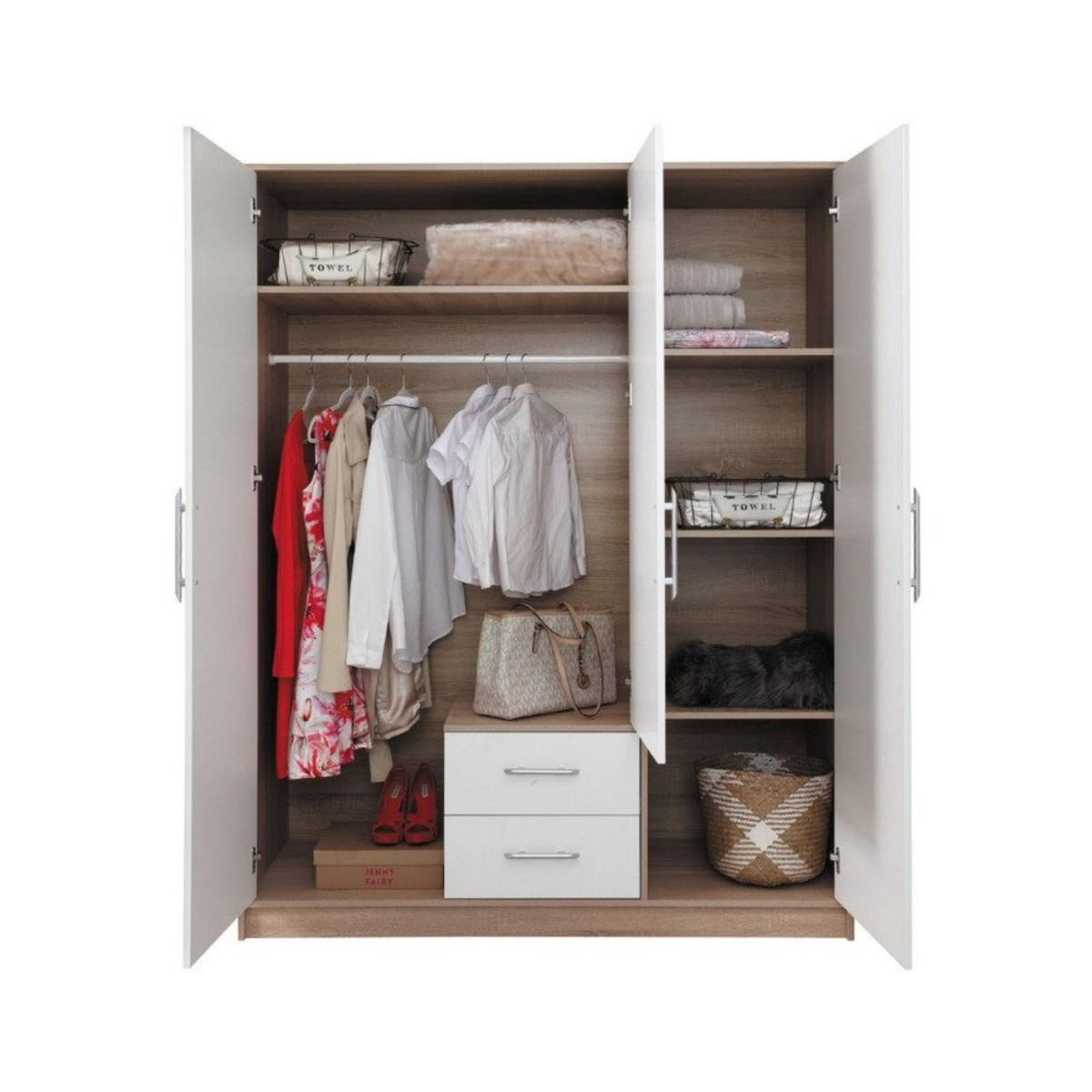 KLEIDERSCHRANK SAM SR2 3-türig 150 / 190 / 56 cm Weiß | Eiche Sonoma - Weiß Hochglanz/Sonoma Eiche, Holzwerkstoff (150/190/56cm) - Deine Möbel 24