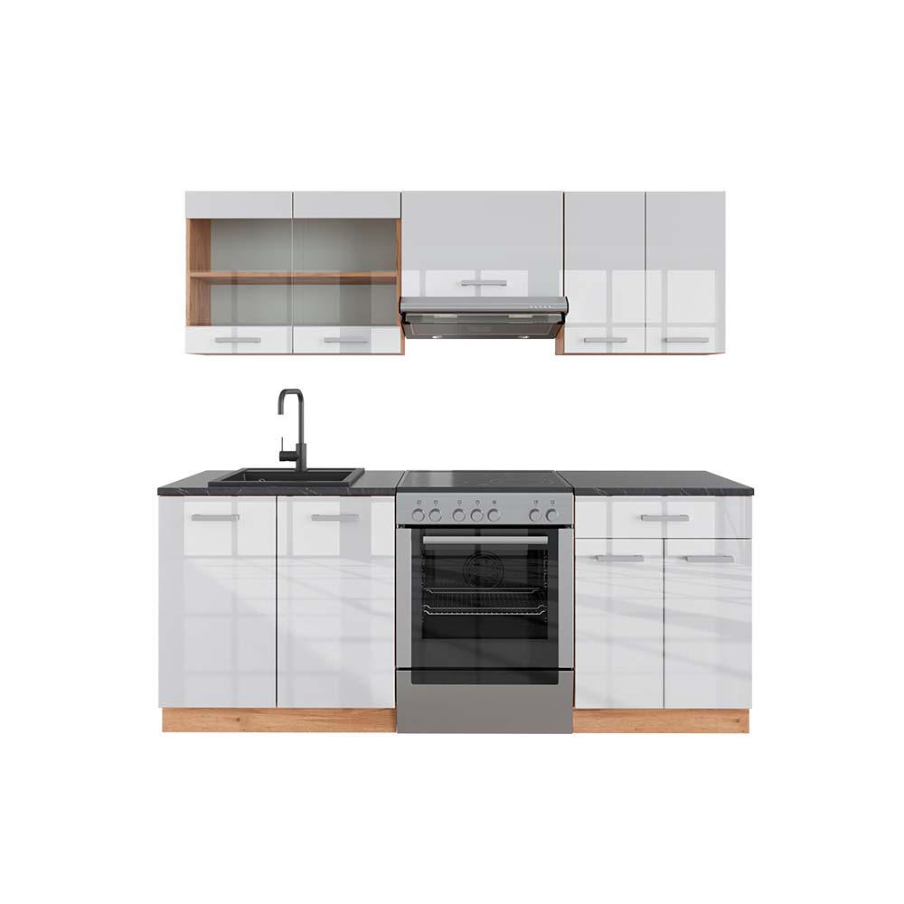 KÜCHENZEILE R-Line Weiß Hochglanz/Goldkraft Eiche 200 cm, AP Anthrazit - Weiß Hochglanz/Eiche Wotan, Holzwerkstoff (200/81.6/60cm) - Vicco