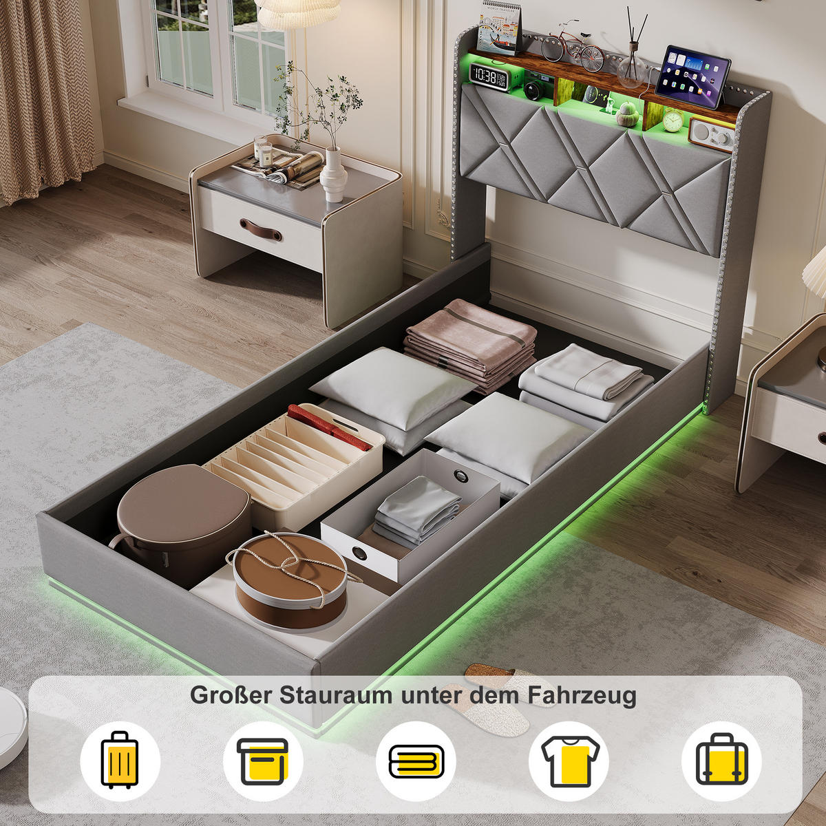 POLSTERBETT 90/200 cm Grau mit hydraulischem Stauraum, LED mit Ablage und USB - Grau, Metall (90/200cm) - EuroLiving