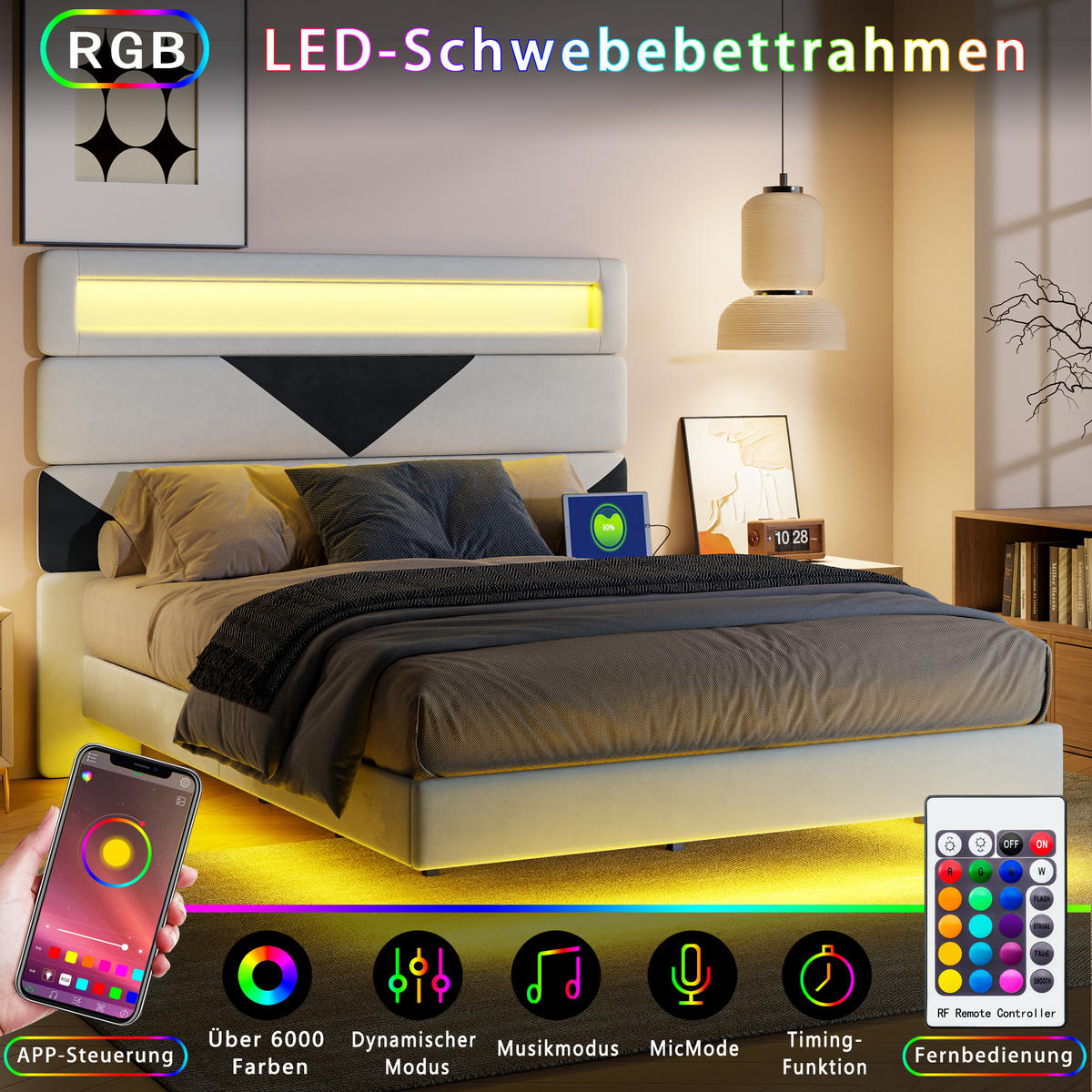 POLSTERBETT 160x200 cm, Weiß/Schwarz, LED-Beleuchtung und USB - Schwarz, Textil/Metall (160/200cm)