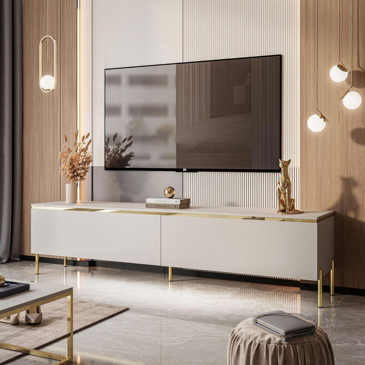 TV-LOWBOARD AURORA Kaschmir mit gerade Goldchrom Fuße und LED Beleuchtung - Kaschmir/Goldfarben, Holzwerkstoff/Metall (180/46/40cm) - Lookway