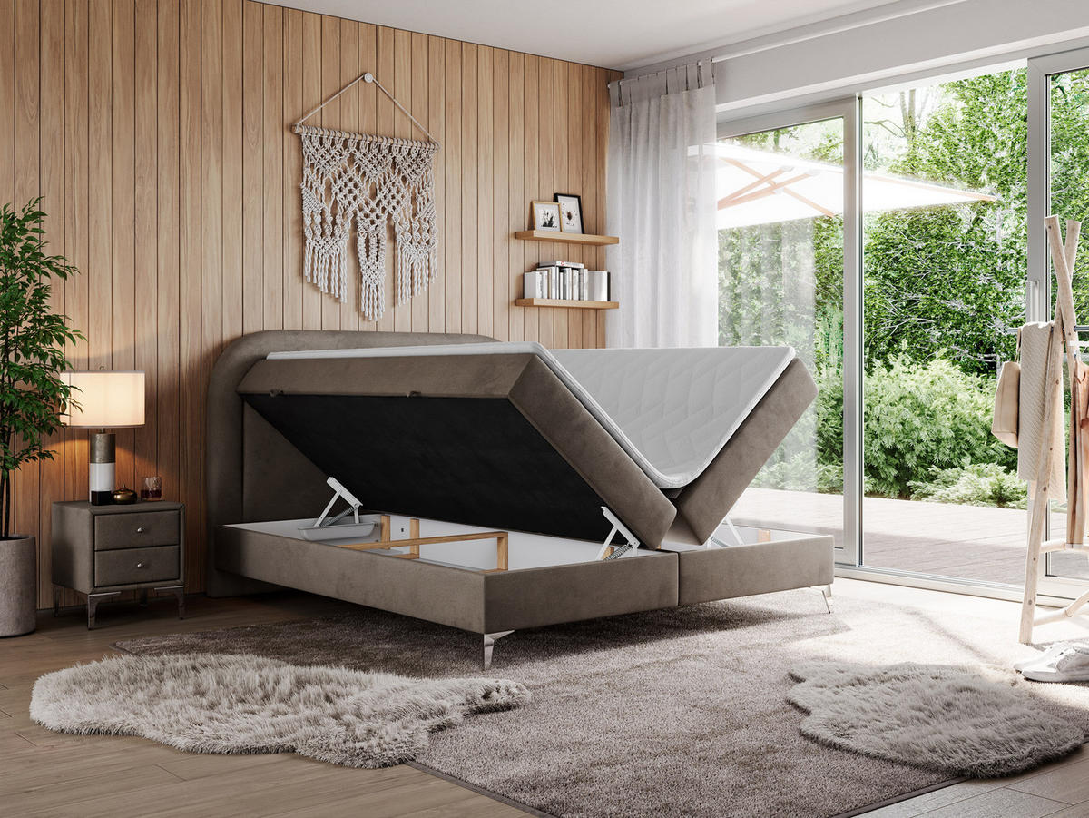 BOXBETT EIRA 200/200 Braun Velvet - H3 - Silberfarben/Braun, Holz/Textil (200/200cm) - MKS