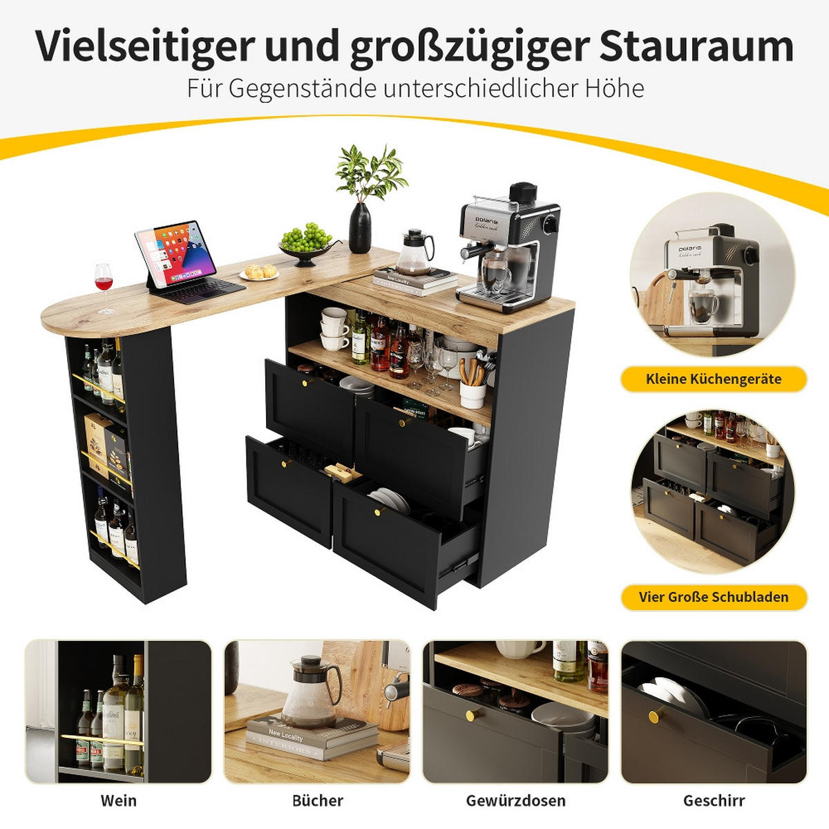KÜCHENINSEL Bartisch drehbar, mit 4 Schubladen und offenen Ablagen, MDF Schwarz, Esszimmer, 105/39/102 cm - Schwarz, Kunststoff (39/102/105cm) - Rolipo